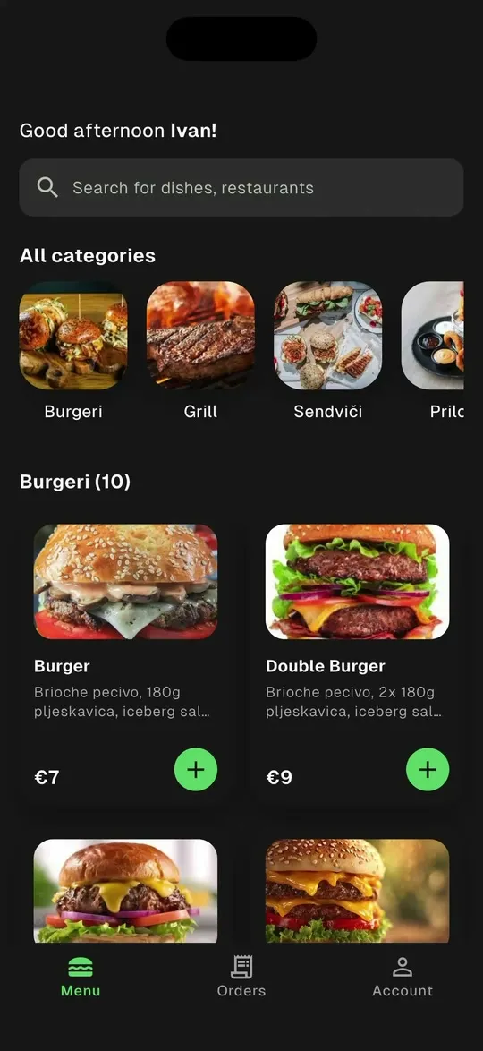 The app's menu: categories with photos, then the burgers with their prices.