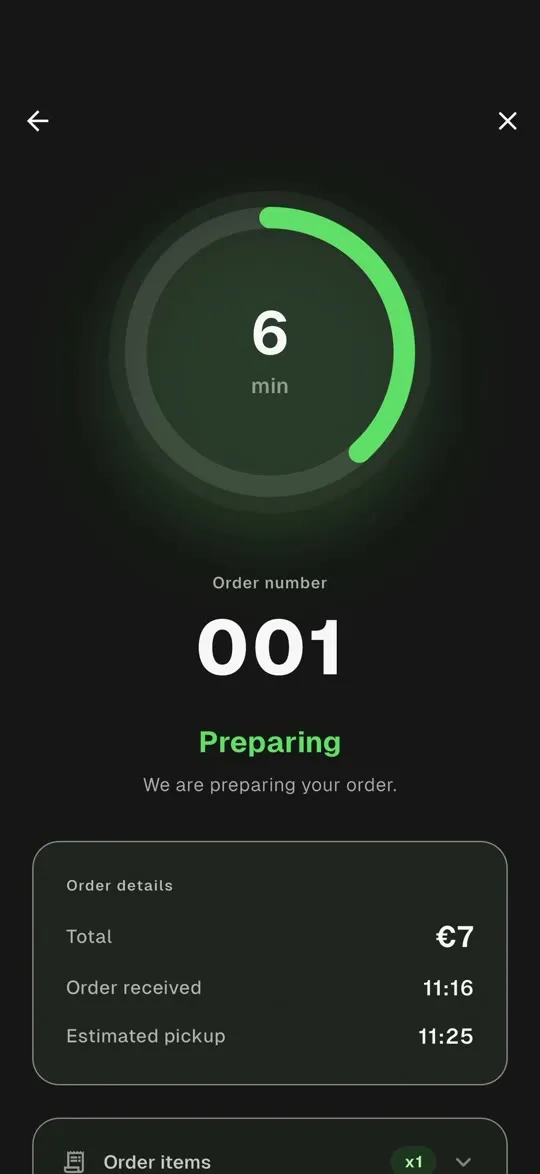The tracking screen: preparing, six minutes left.